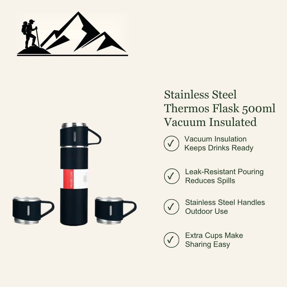 500ml Vacuum Flask – Insulated Stainless Steel + 2 Cups