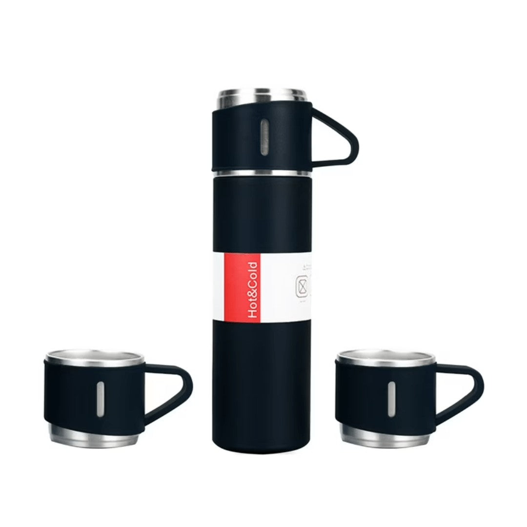 500ml Vacuum Flask – Insulated Stainless Steel + 2 Cups - Black