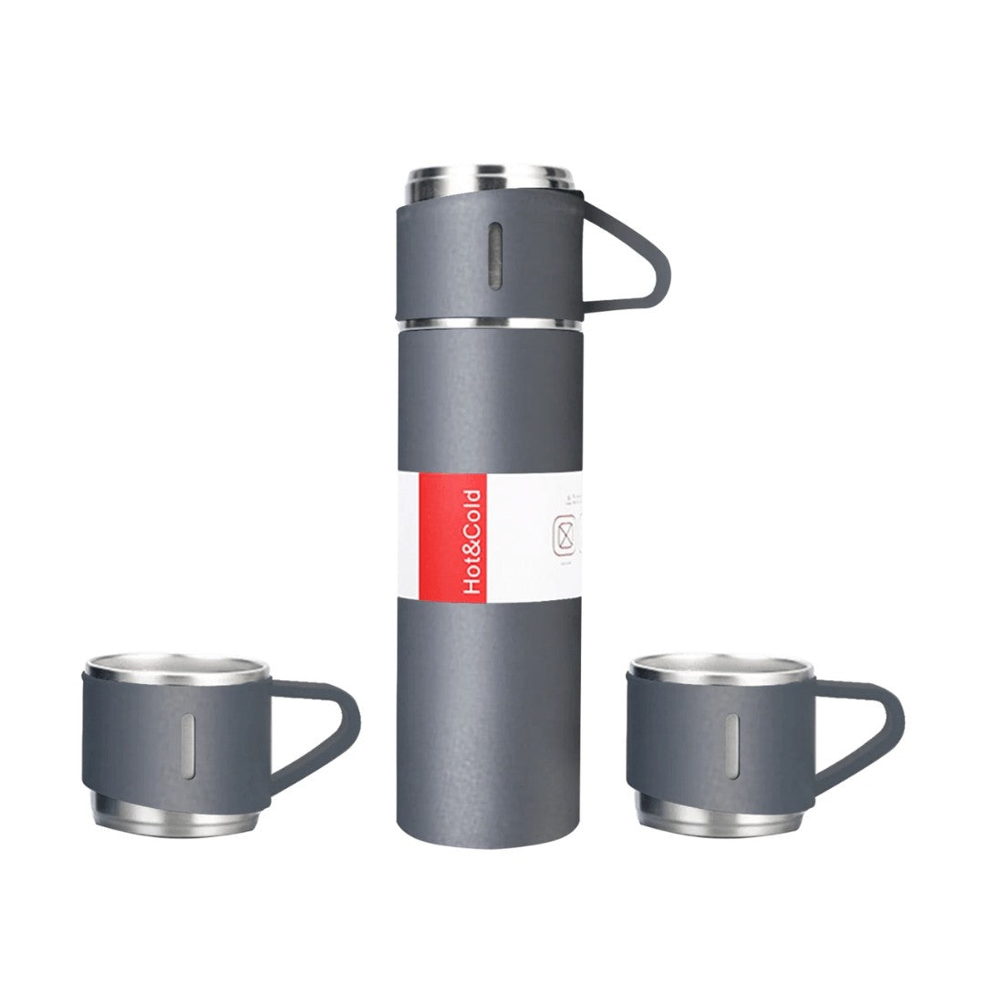 500ml Vacuum Flask – Insulated Stainless Steel + 2 Cups - Grey