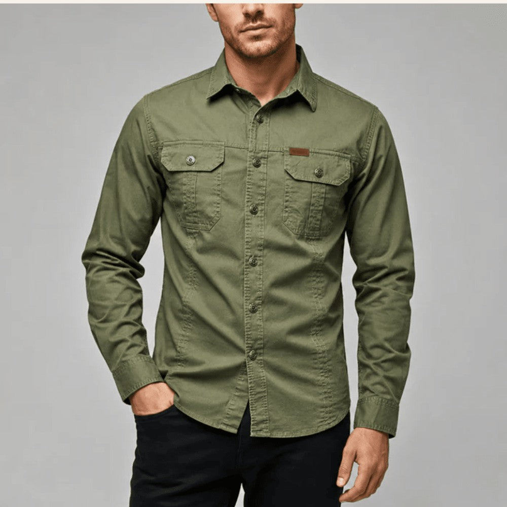 Cotton Canvas Shirt – Durable Breathable Long-Sleeve Outdoor - Army green