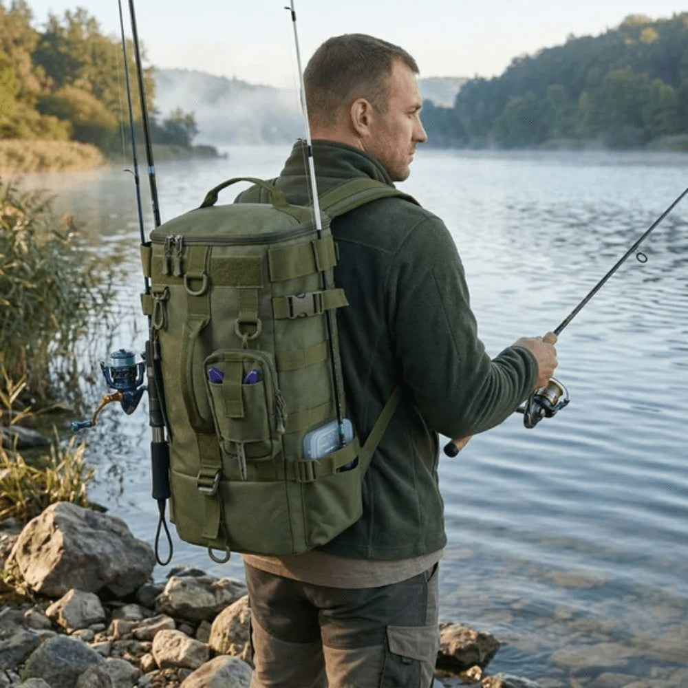 Fishing Backpack – Water-Resistant Rod-Holder MOLLE Pack - Green