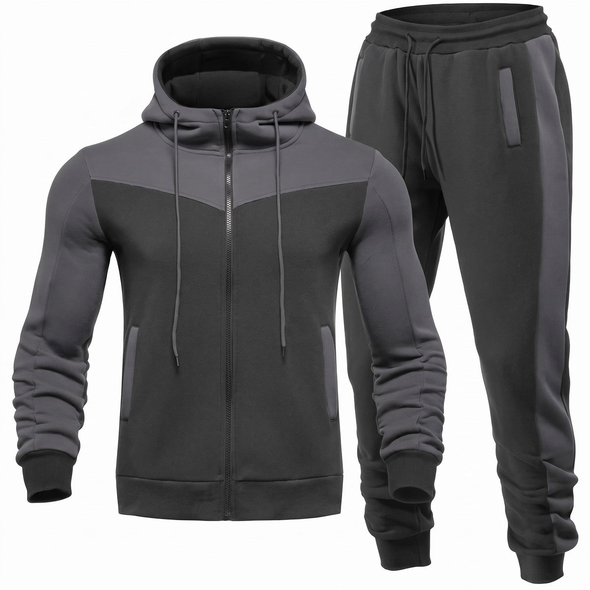 Men's 2-Piece Tracksuit – Fleece-Lined Breathable Jogger Set - Gray and Black