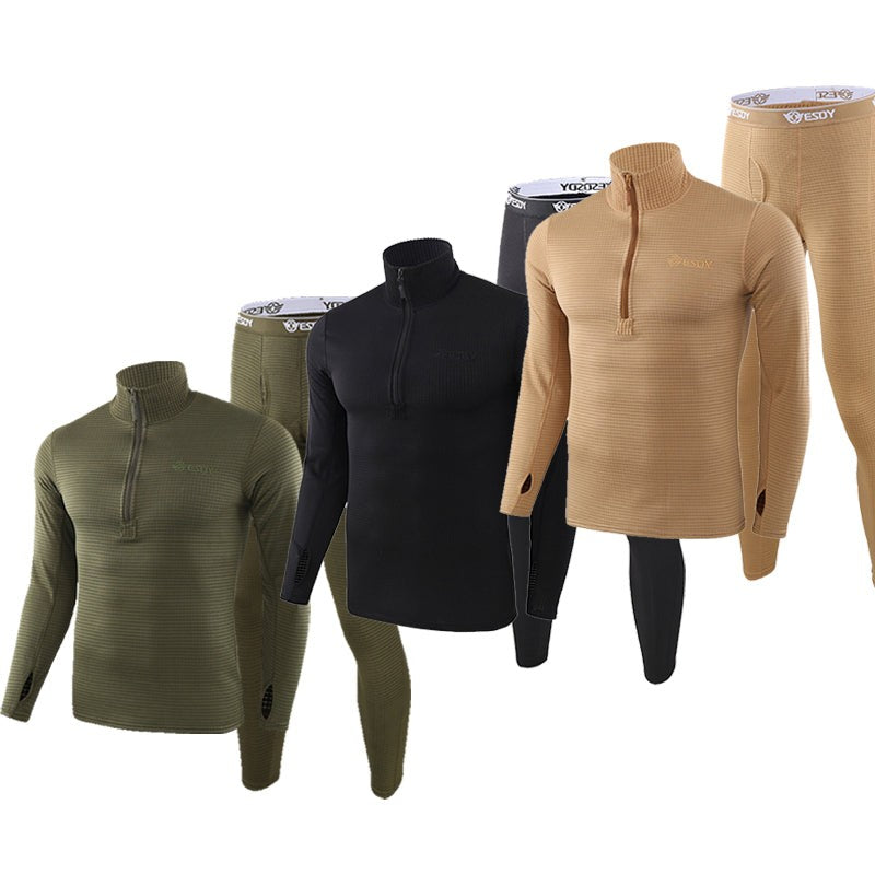 Men's Fleece-Lined Thermal Underwear Set – Warm Base Layer Top & Botto - Army green / Black / Coyote