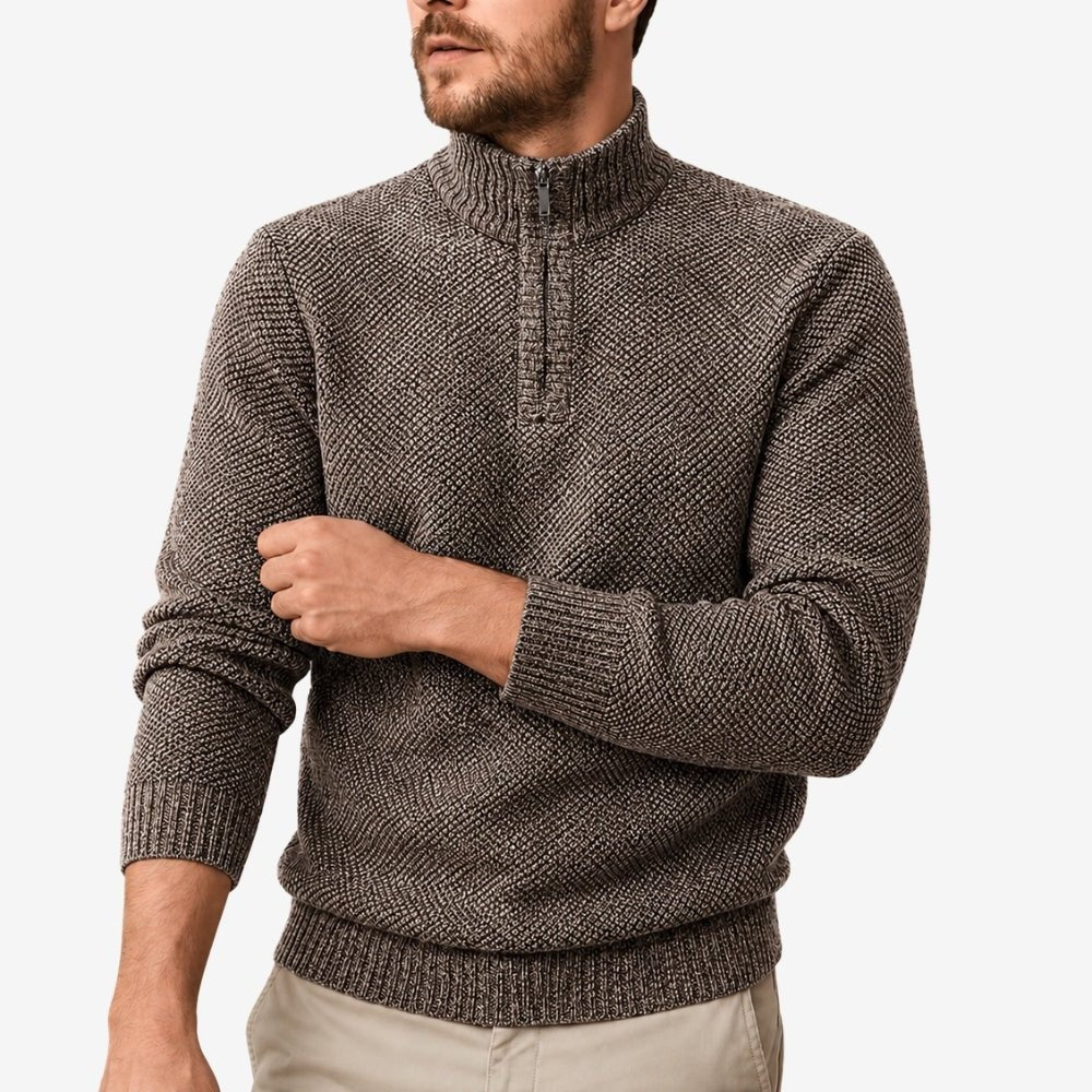 Men's Half-Zip Thermal Fleece Sweater – Breathable Knit - Coffee