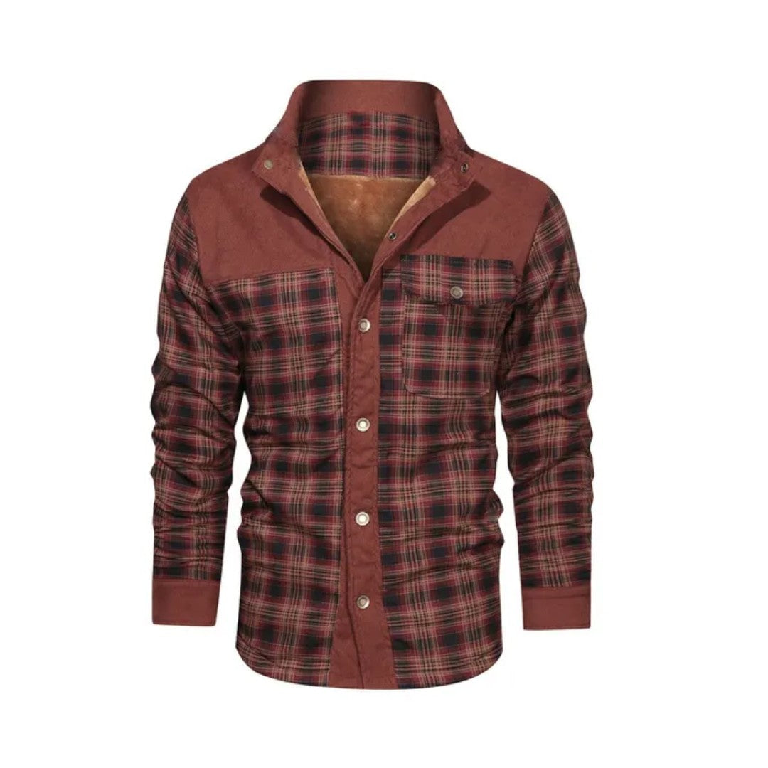 Men's Plaid Flannel Jacket – Insulated Wool-Blend Outdoor Shirt Jacket - Dark Red