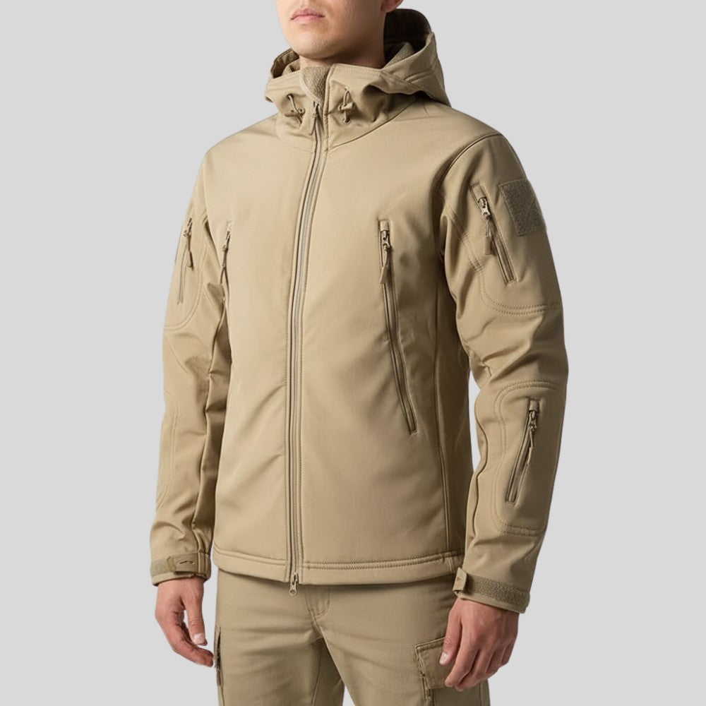 Men's Softshell Hiking Jacket – Windproof Fleece-Lined Hooded - Khaki Jacket