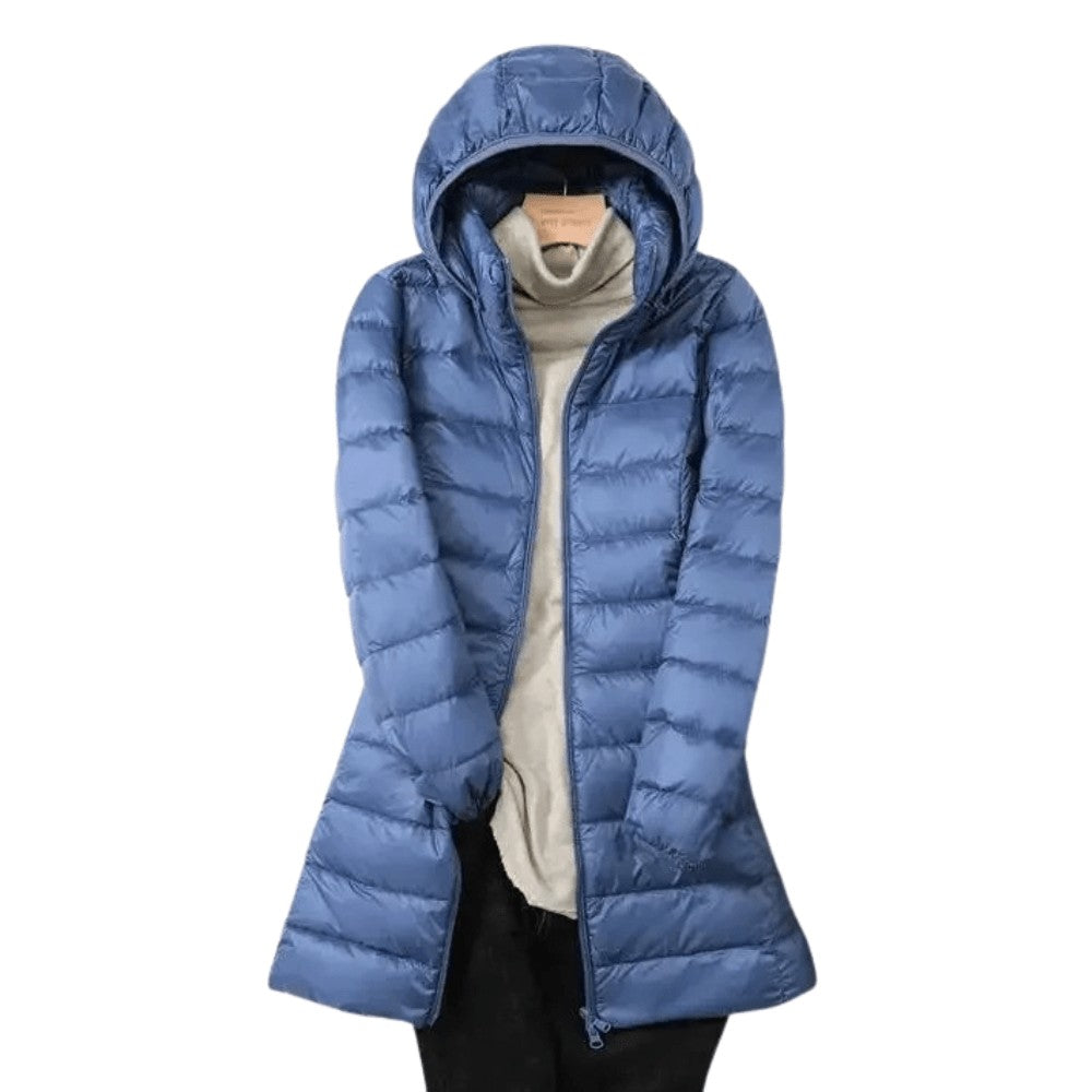 Packable Down Coat – Lightweight Detachable-Hood Longline - Haze blue
