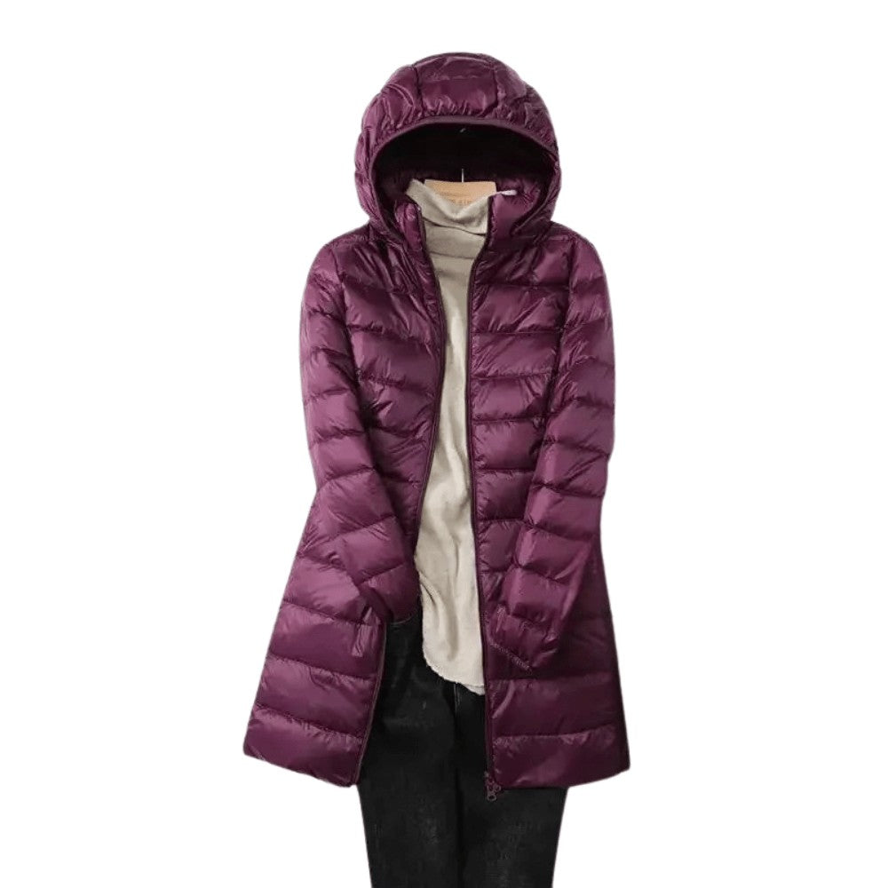 Packable Down Coat – Lightweight Detachable-Hood Longline - Purple