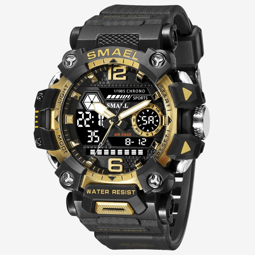 Rugged Outdoor Watch – Dual-Display Shock-Resistant 50m - Black and Gold
