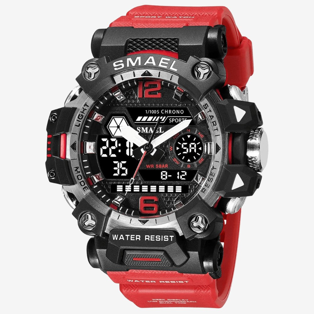 Rugged Outdoor Watch – Dual-Display Shock-Resistant 50m - Red