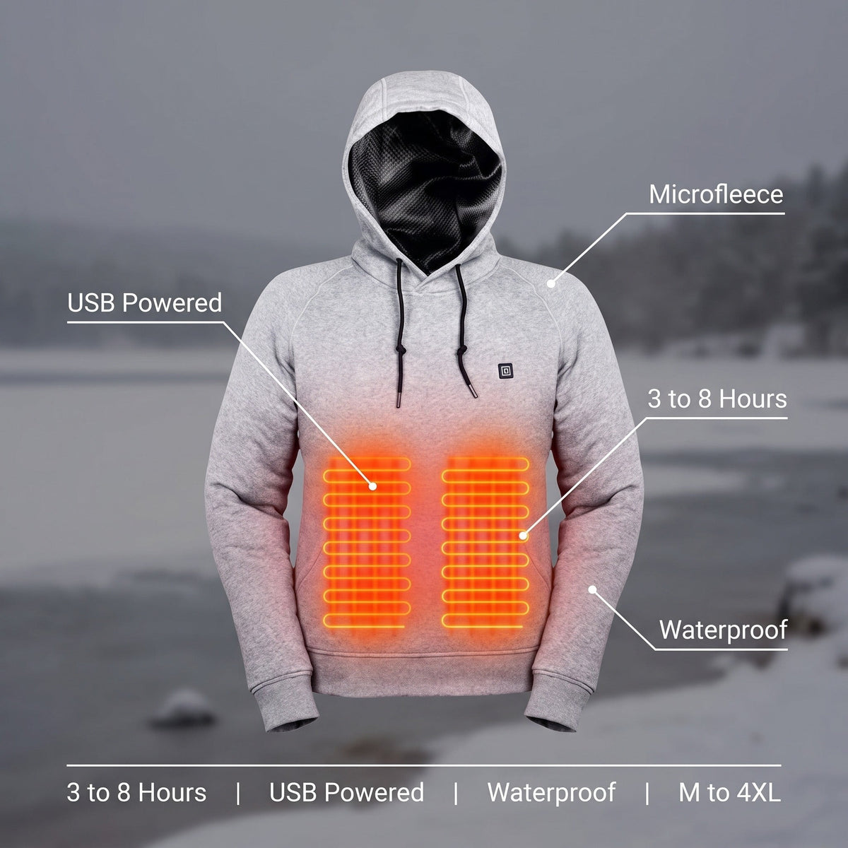 USB Heated Hoodie – Waterproof Nylon Microfleece-Lined Winter Jacket