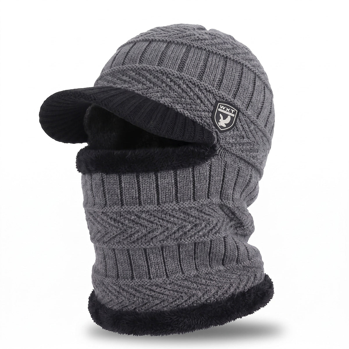 Winter Beanie with Neck Cover – Windproof Fleece-Lined Knit Hat - Gray