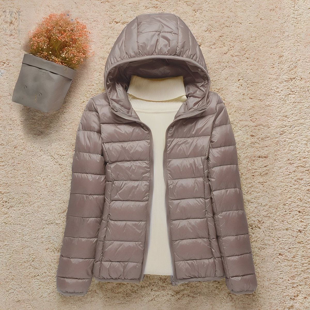 Women's Packable Down Hiking Jacket – Lightweight Hooded Layer - Beige