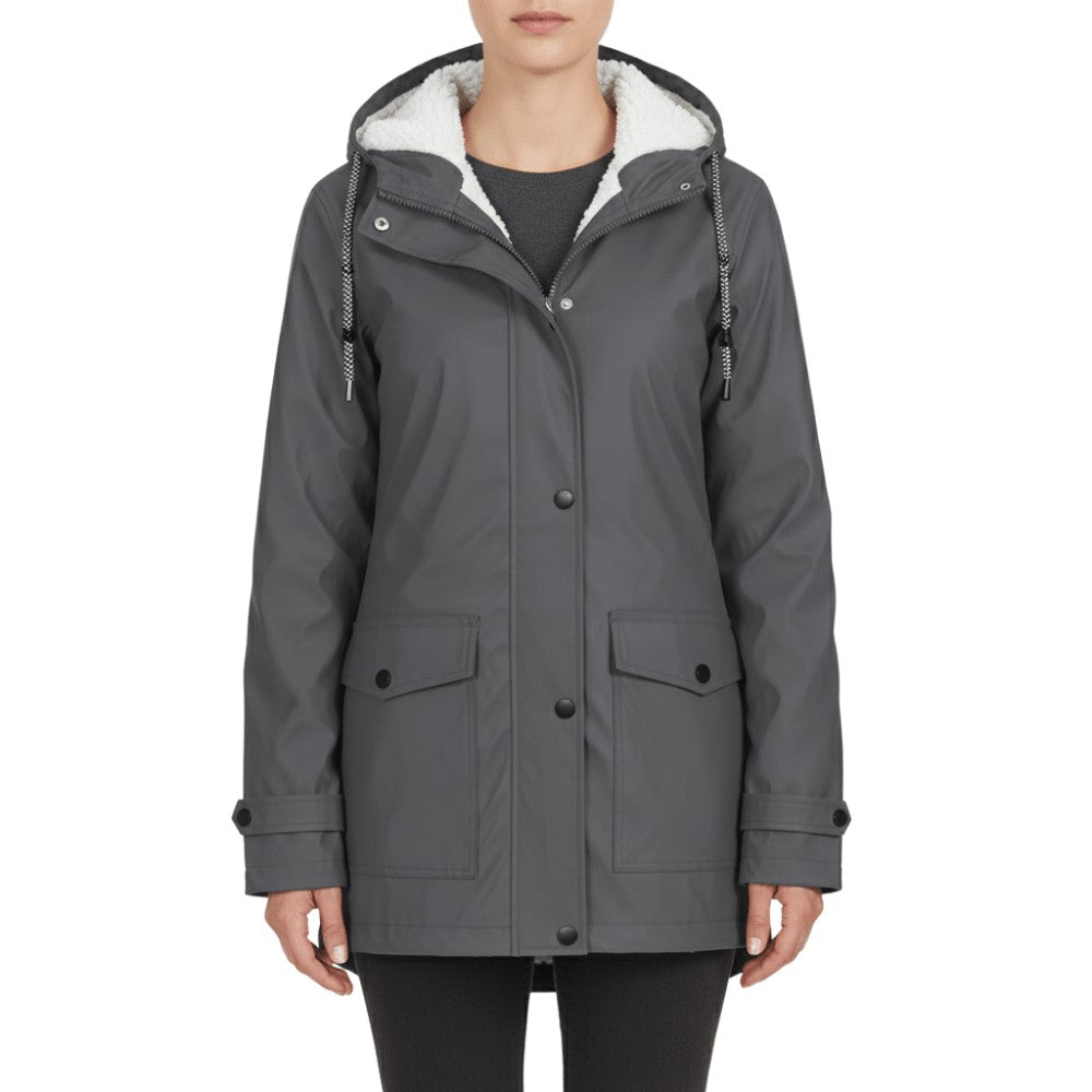 Women's Rain Jacket – Waterproof Windproof Storm-Flap Hooded - Grey