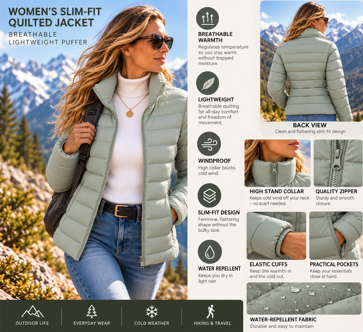 Women's Slim-Fit Quilted Jacket – Breathable Lightweight Puffer