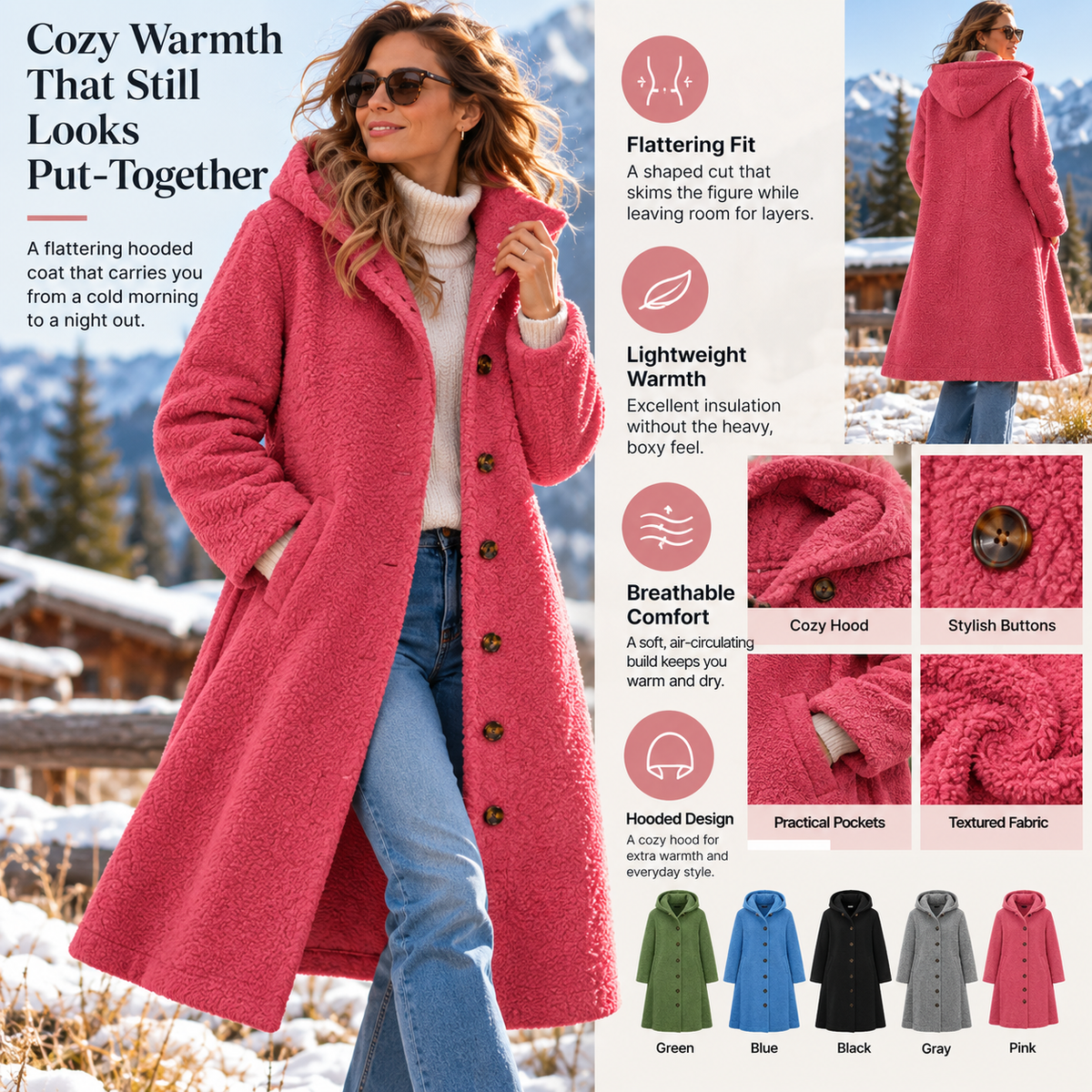 Women's Textured Hooded Coat – Cozy Lightweight Winter Coat