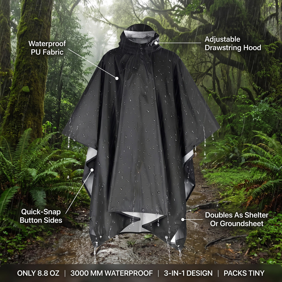 3-in-1 Waterproof Rain Poncho – Packable Hiking Shelter Tarp
