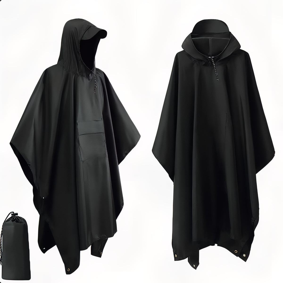 3-in-1 Waterproof Rain Poncho – Packable Hiking Shelter Tarp - Black (with middle pocket)