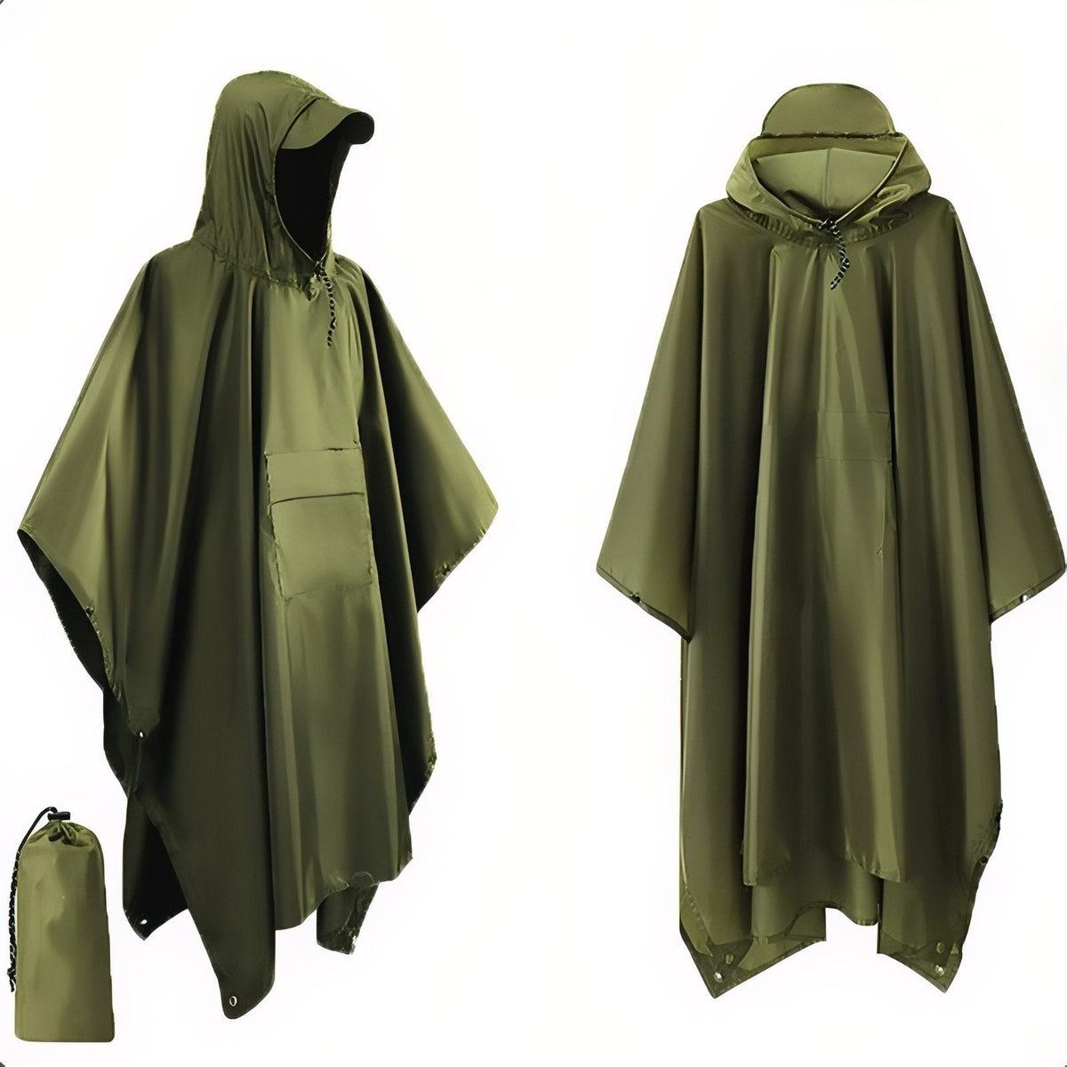 3-in-1 Waterproof Rain Poncho – Packable Hiking Shelter Tarp - Olive Green (with middle pocket)