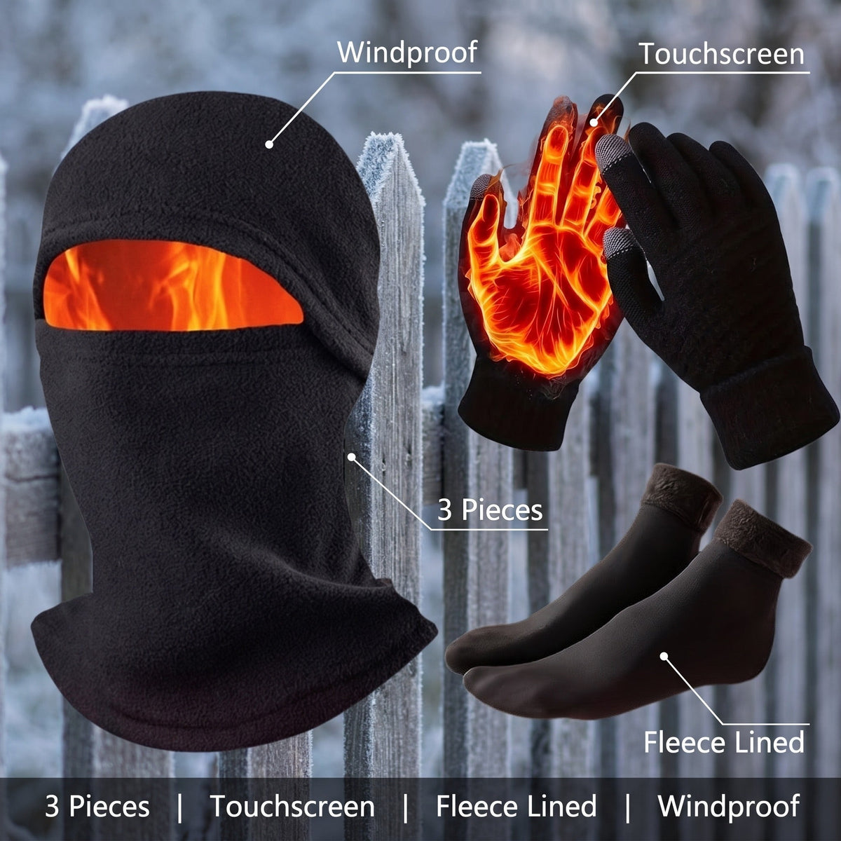 3-Piece Winter Set – Touchscreen Gloves, Fleece Socks & Balaclava