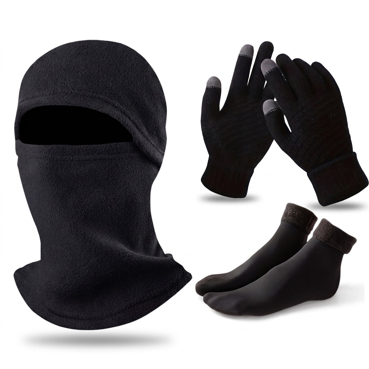 3-Piece Winter Set – Touchscreen Gloves, Fleece Socks & Balaclava - Black