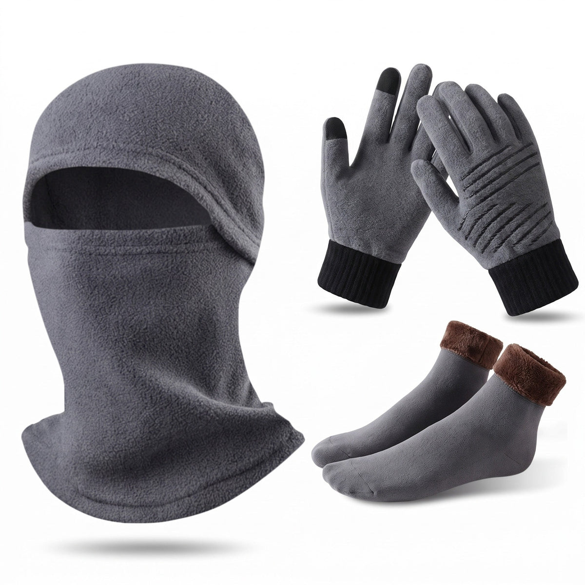 3-Piece Winter Set – Touchscreen Gloves, Fleece Socks & Balaclava - Gray