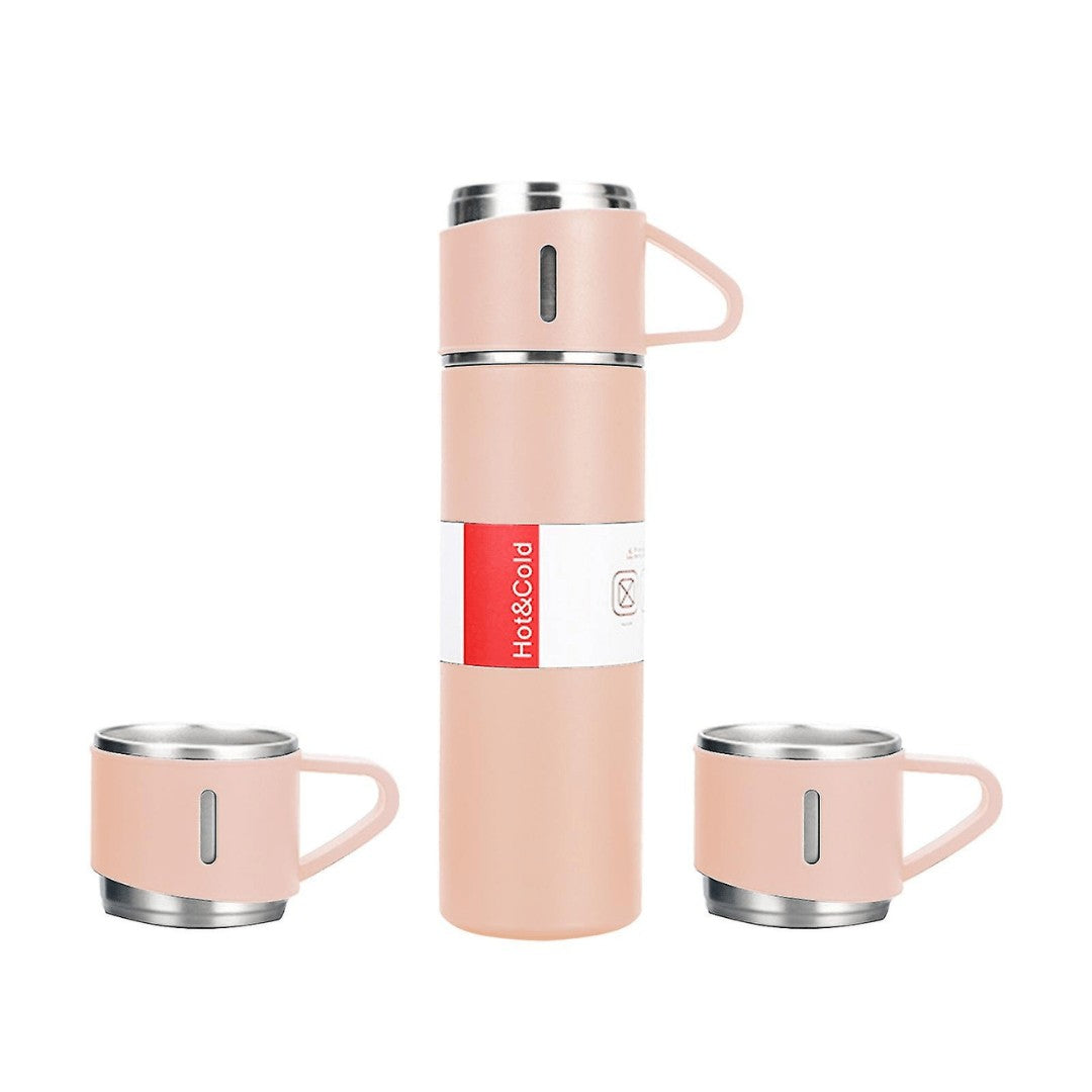 500ml Vacuum Flask – Insulated Stainless Steel + 2 Cups - Pink