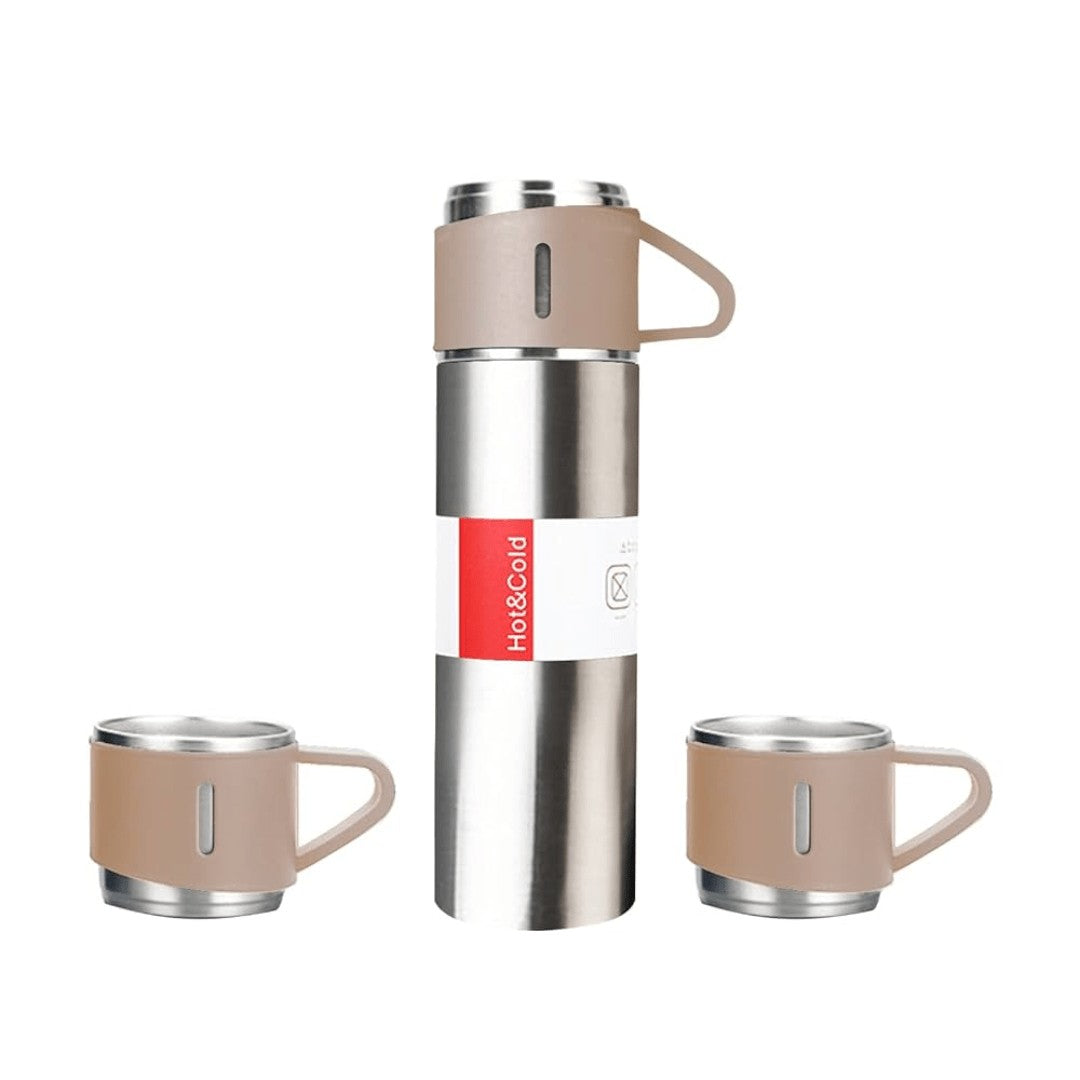 500ml Vacuum Flask – Insulated Stainless Steel + 2 Cups - Silver