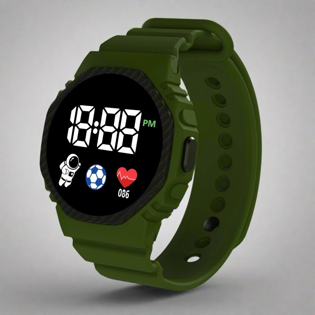 Kids Digital Watch – Lightweight Water-Resistant LED - Olive Green