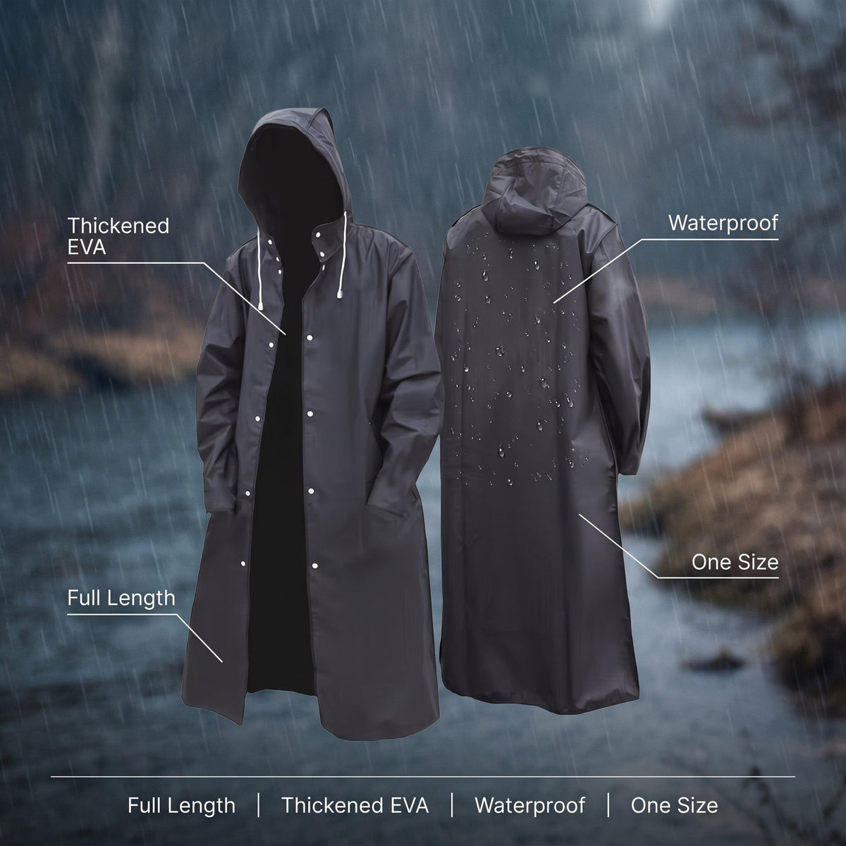 Long Waterproof Rain Coat – Thickened EVA Hooded Poncho