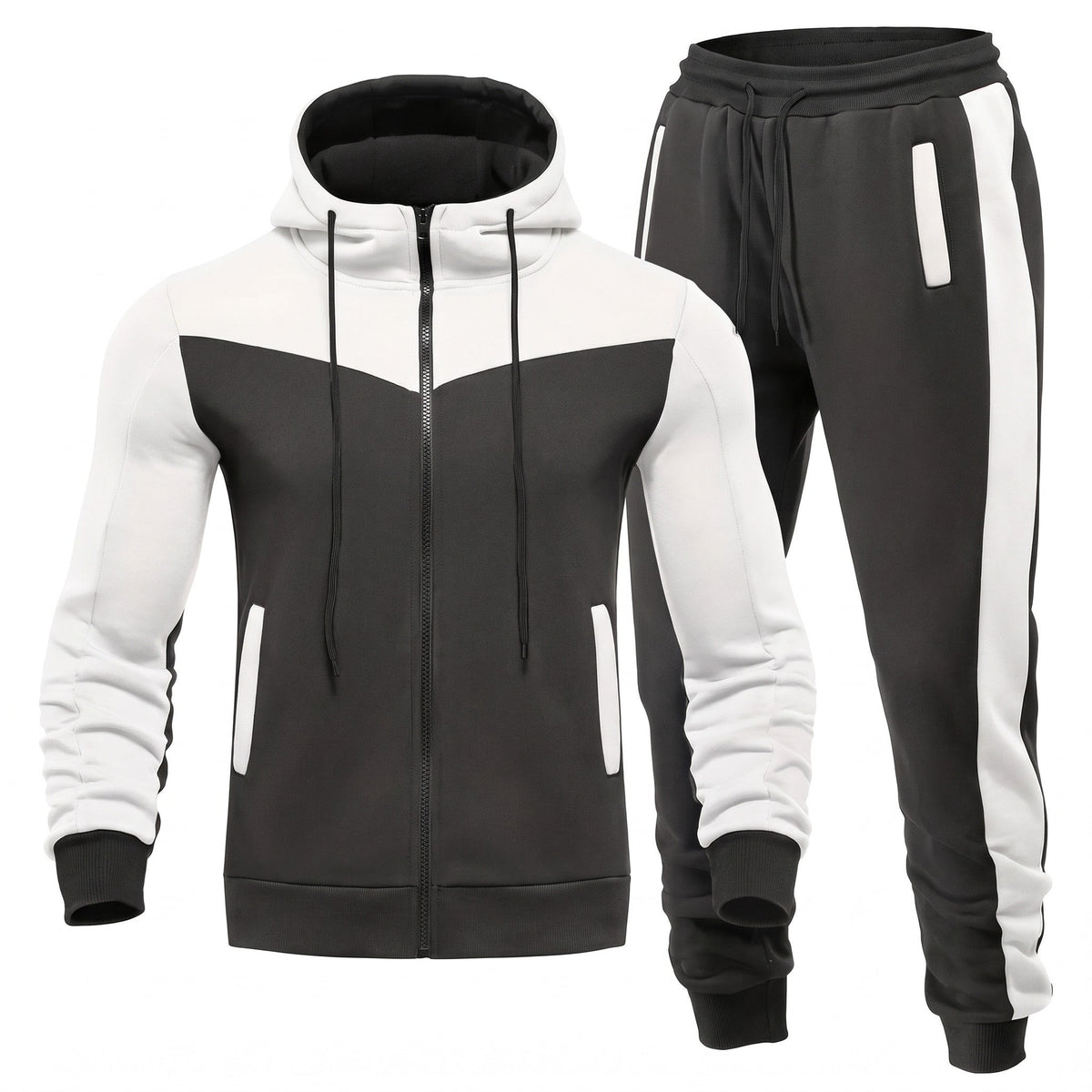 Men's 2-Piece Tracksuit – Fleece-Lined Breathable Jogger Set - White and Black