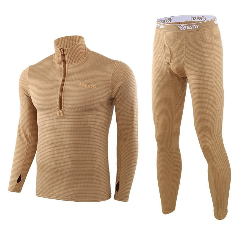Men's Fleece-Lined Thermal Underwear Set – Warm Base Layer Top & Botto - Coyote