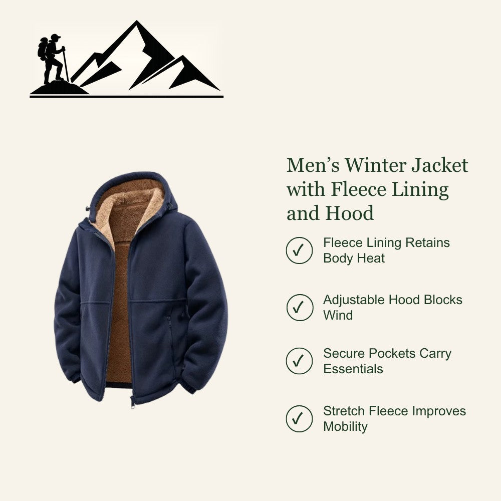 Men's Hooded Winter Jacket – Fleece-Lined Wind-Blocking Shell