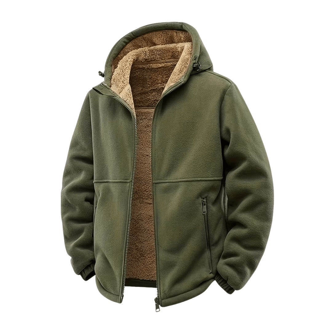 Men's Hooded Winter Jacket – Fleece-Lined Wind-Blocking Shell - Army Green