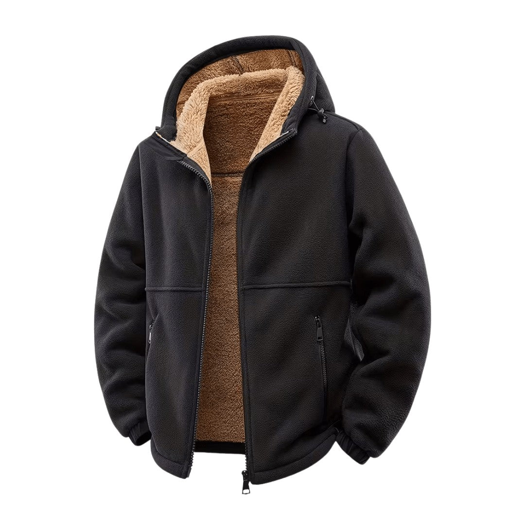 Men's Hooded Winter Jacket – Fleece-Lined Wind-Blocking Shell - Black