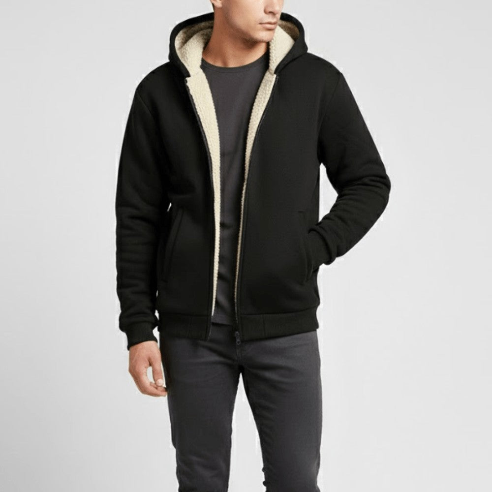Men's Sherpa Fleece Hoodie – Full-Zip Winter Layer - Black