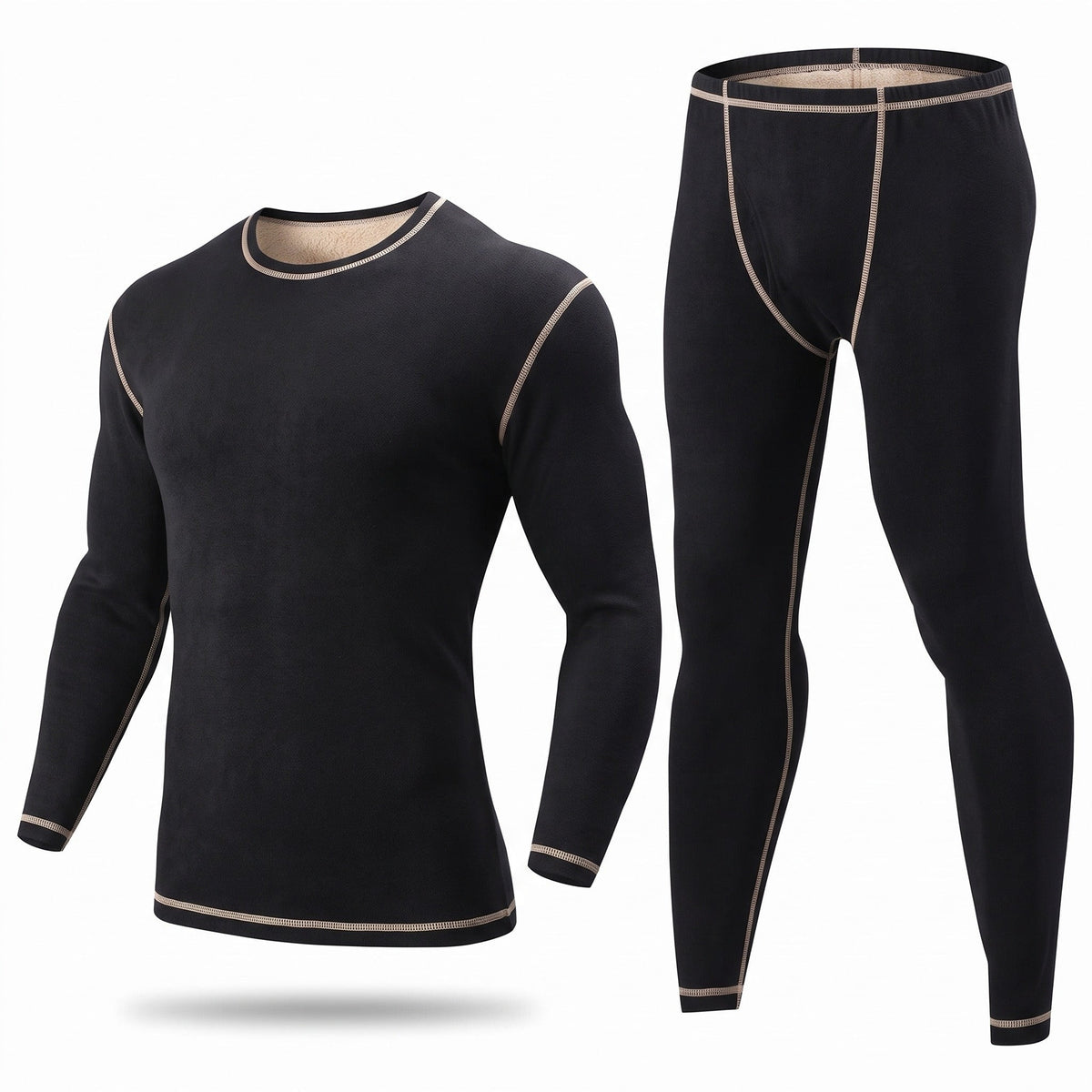 Men's Slim-Fit Base Layer Set – Long-Sleeve Thermal Top & Bottoms - Black