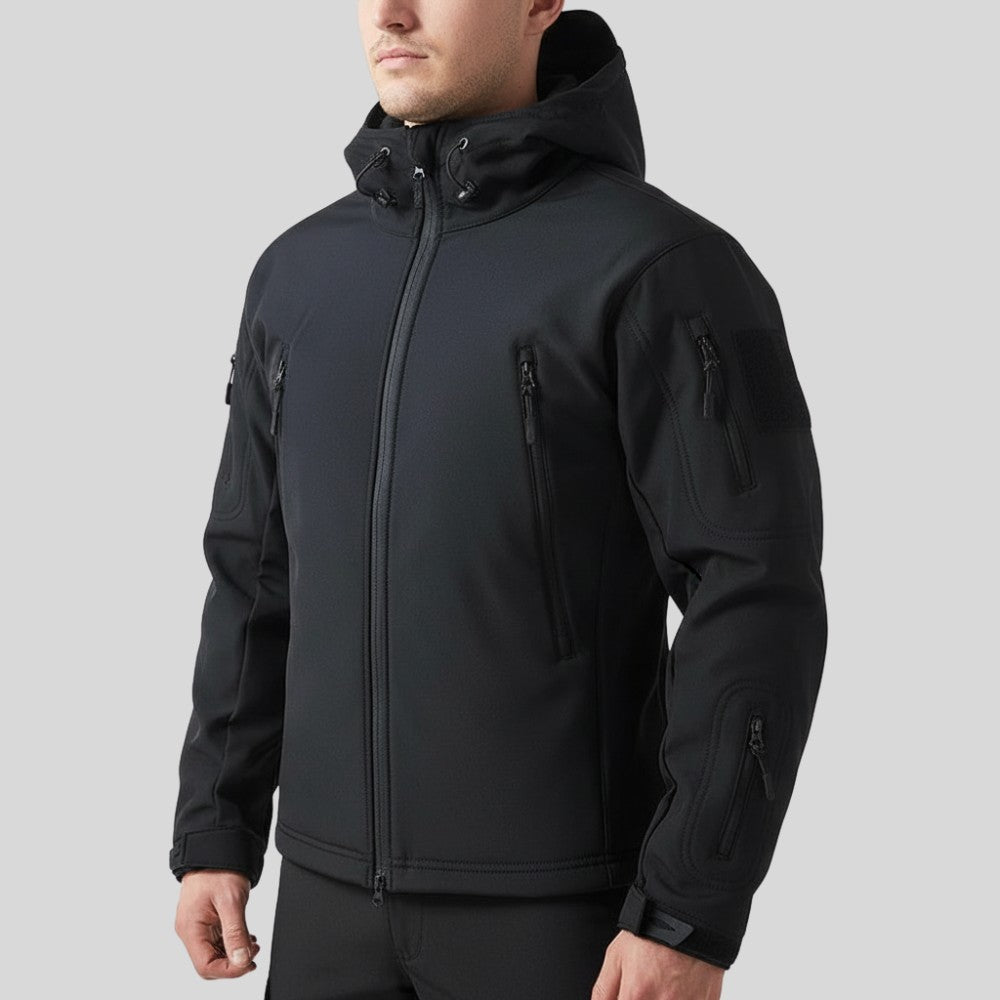 Men's Softshell Hiking Jacket – Windproof Fleece-Lined Hooded - Black Jacket