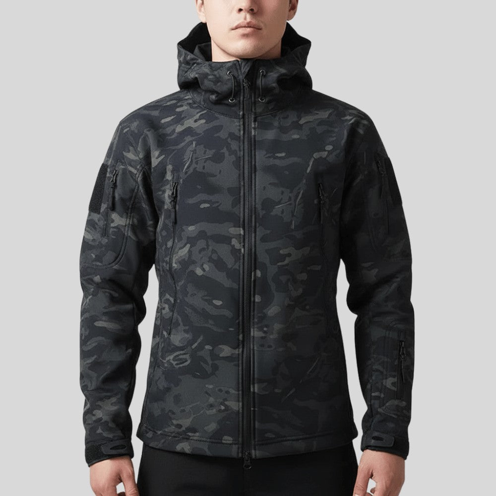 Men's Softshell Hiking Jacket – Windproof Fleece-Lined Hooded - Dark Night Camo Jacket