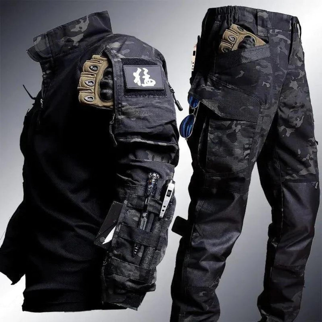 Men's Tactical Uniform Set – Camo Jacket & Pants Outdoor Combat Suit - Black Camouflage Set