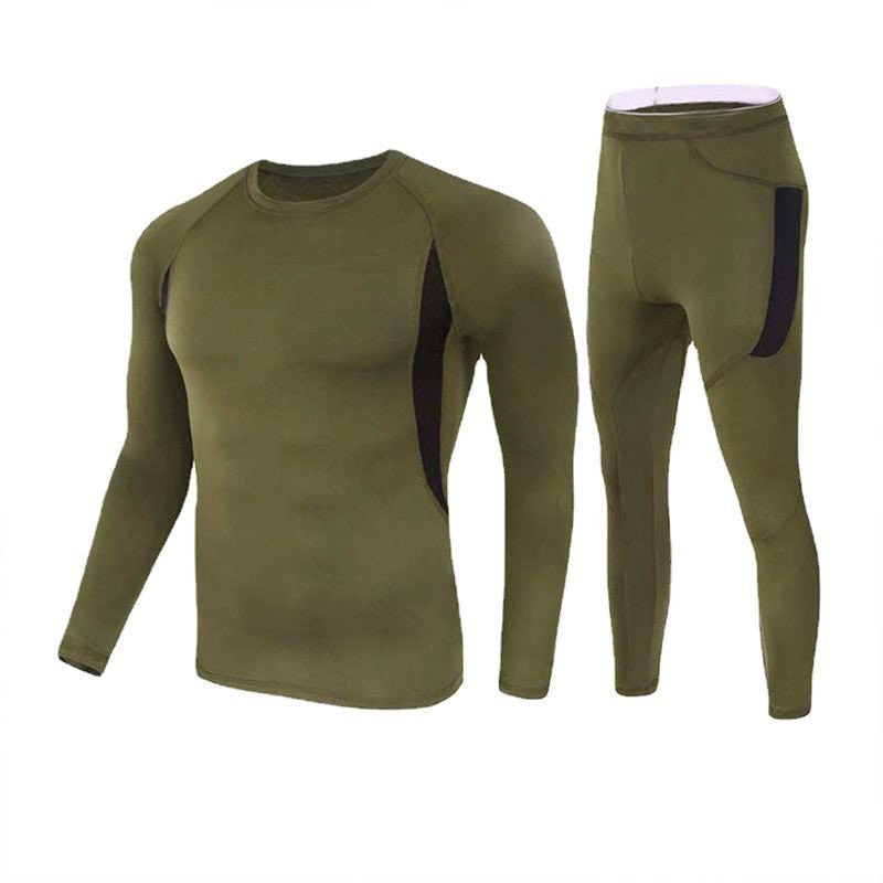 Men's Thermal Base Layer Set – Fleece-Lined Stretch Long Underwear - Army Green
