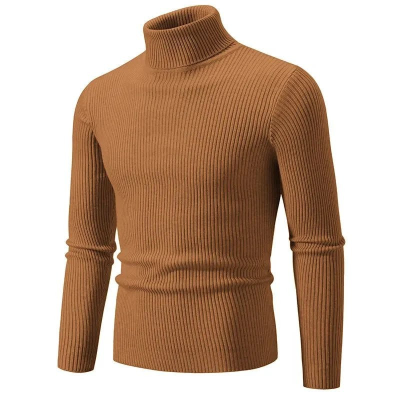Men's Turtleneck Sweater – Ribbed Lightweight Knit Layer - Brown