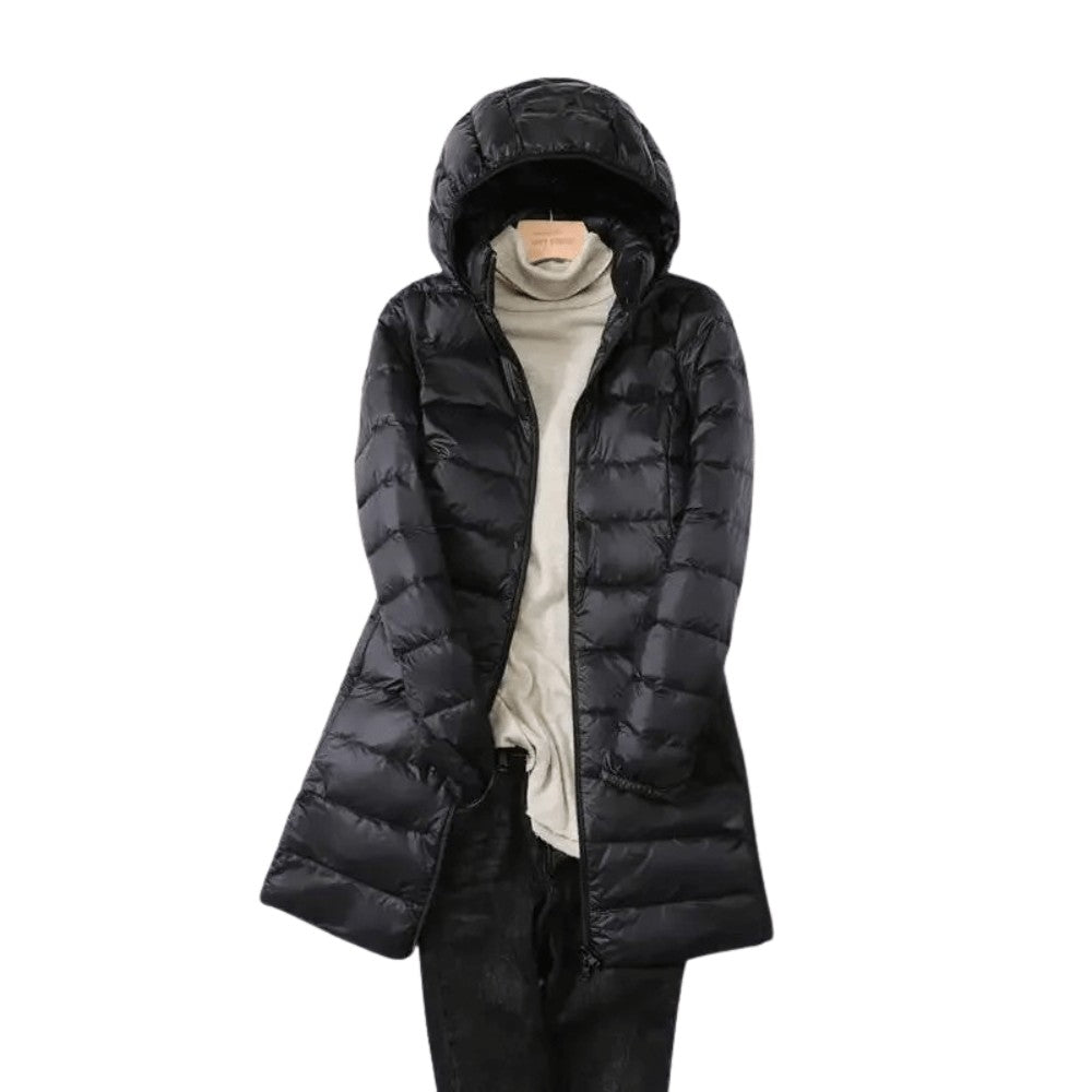 Packable Down Coat – Lightweight Detachable-Hood Longline - Black