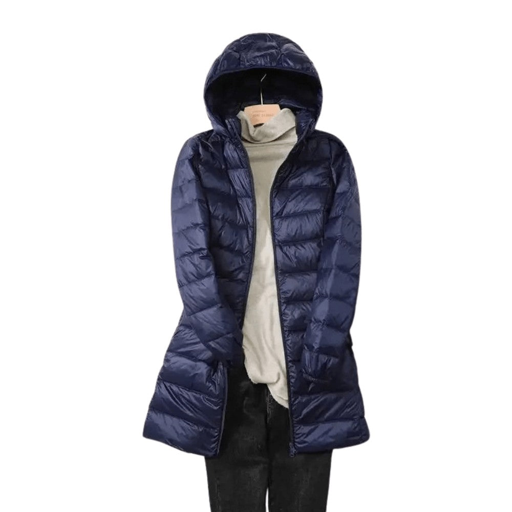 Packable Down Coat – Lightweight Detachable-Hood Longline - Navy blue