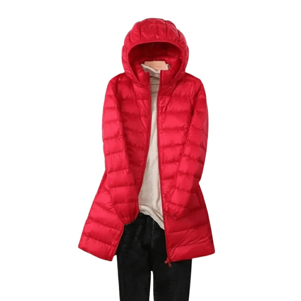 Packable Down Coat – Lightweight Detachable-Hood Longline - Red