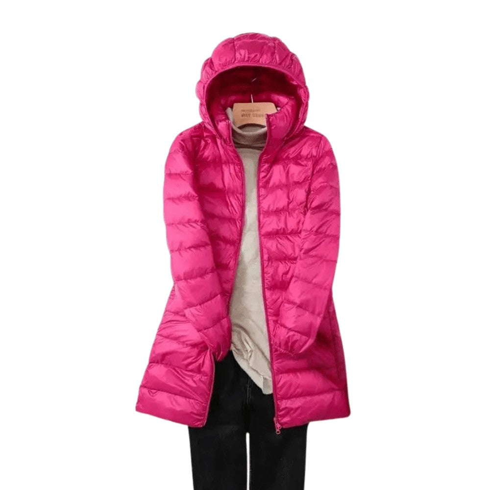 Packable Down Coat – Lightweight Detachable-Hood Longline - Rose red