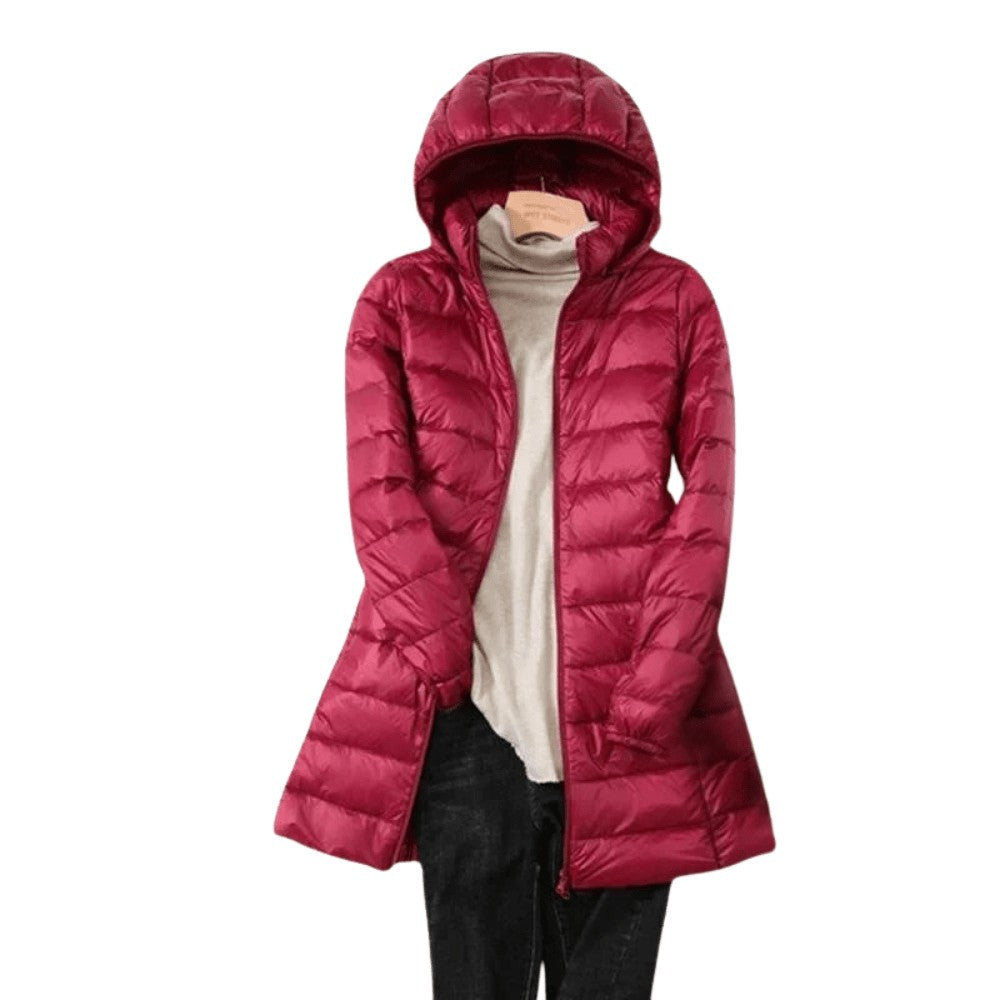 Packable Down Coat – Lightweight Detachable-Hood Longline - Wine red