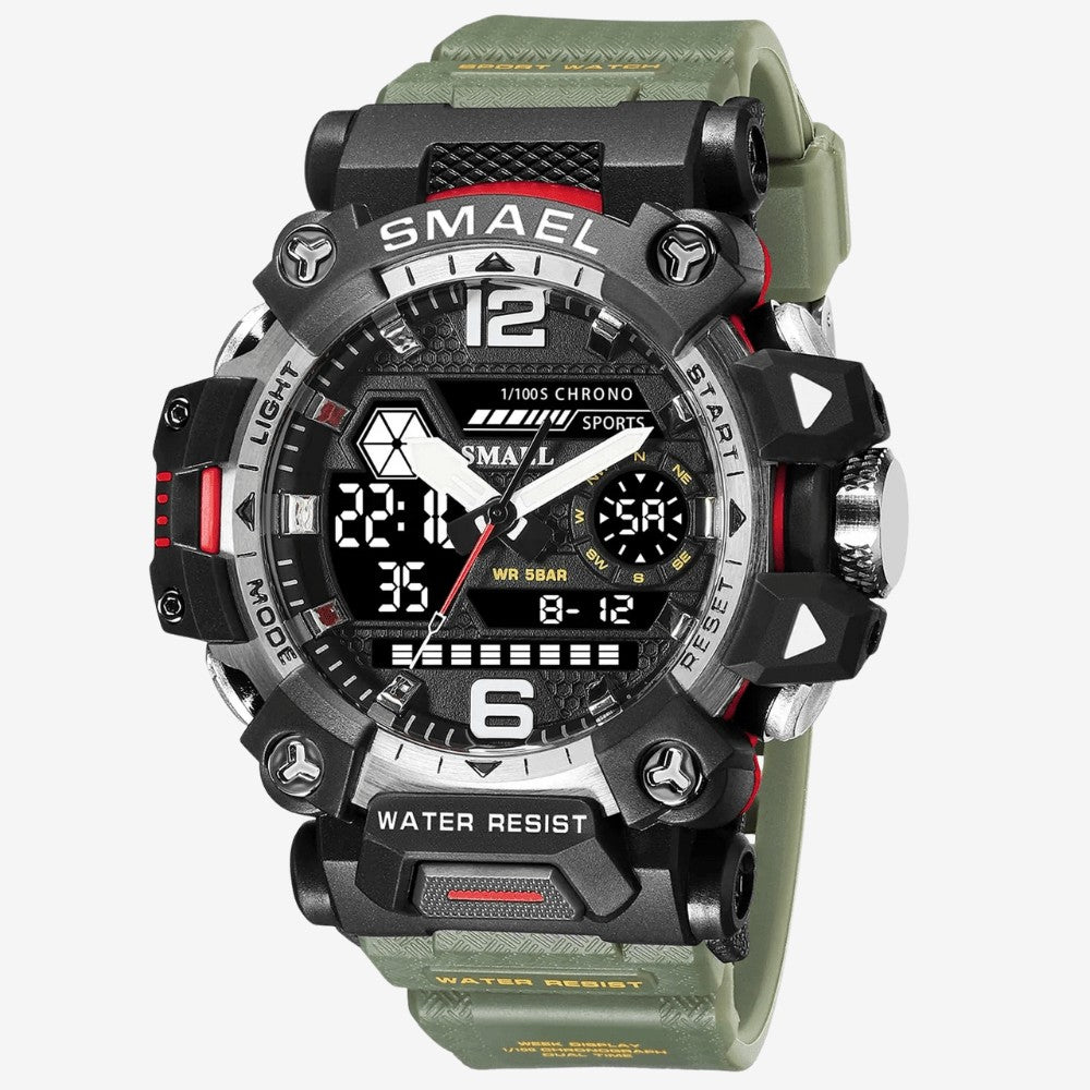 Rugged Outdoor Watch – Dual-Display Shock-Resistant 50m - Army Green