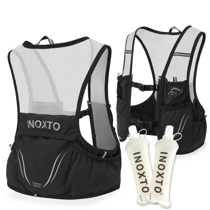 Trail Running Vest – Hydration Pack with 2 Soft Flasks - Black