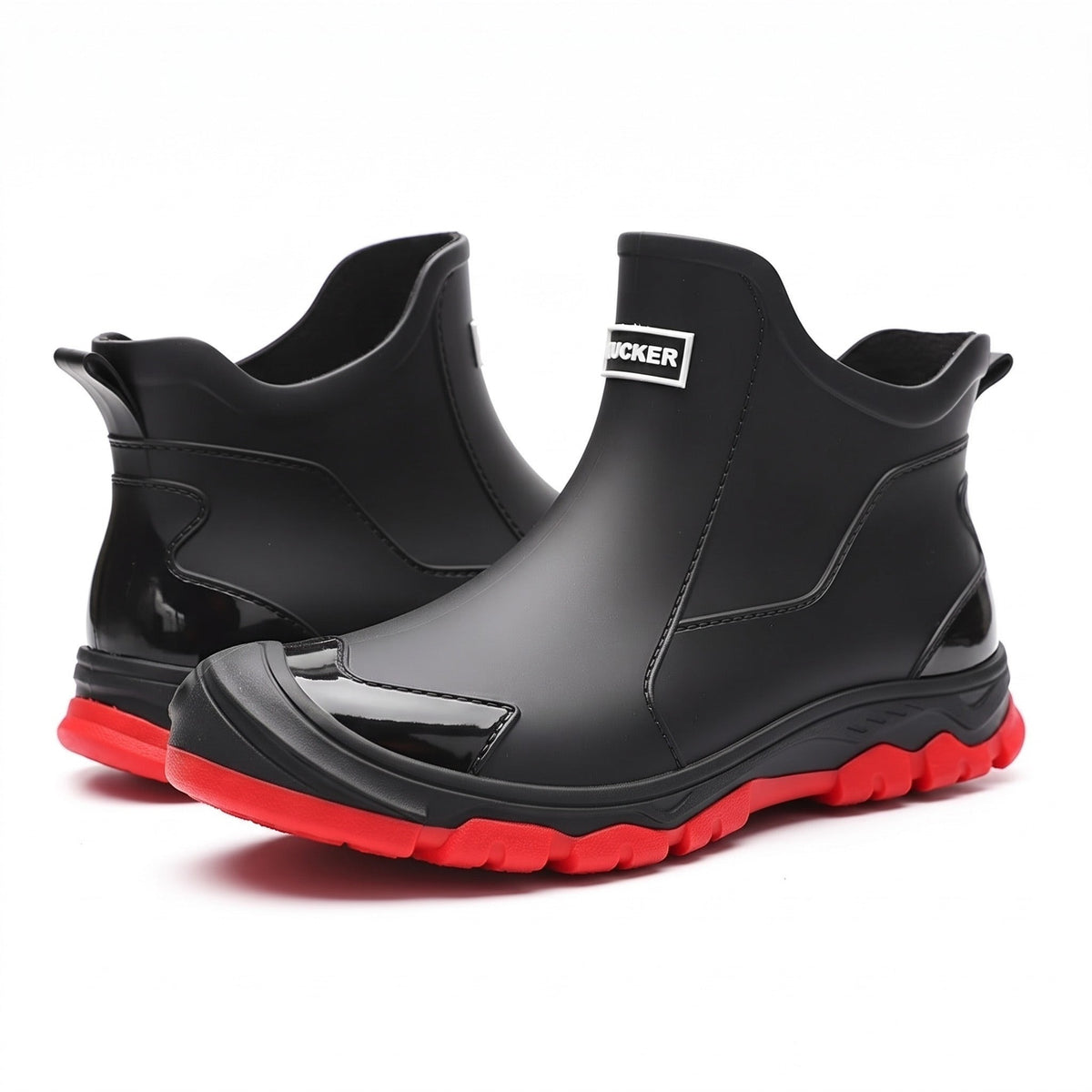 Waterproof Ankle Rain Boots – Non-Slip Rubber Pull-On Booties - Black and Red